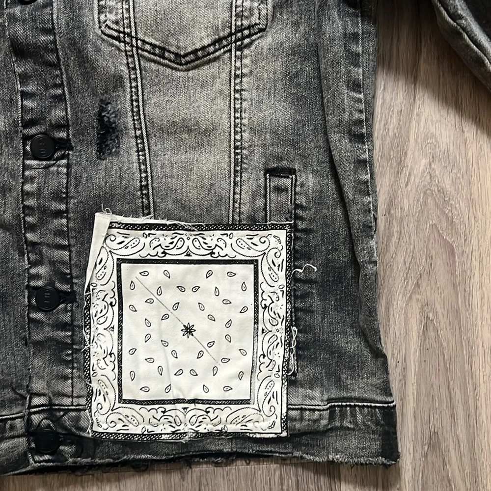 Giftd Tour Black and Red Jean Jacket Bandana Handmade Distressed Denim Large